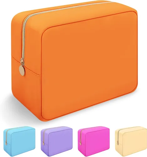 Vista 47 de Iqimott Bolsa Grande de Maquillaje de Nylon, Neceser de Viaje, Bolsa Grande de Cosméticos Preppy, Organizador de Maquillaje de Nylon, Bolsa de Beige