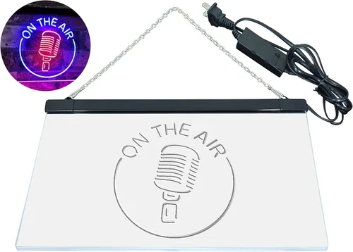 Vista 13 de ADVPRO - cartel de neón para estudio de grabación, LED, con micrófono y rótulo «On the air» azul y Red