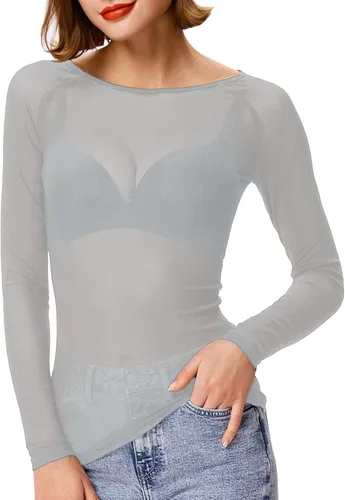 Vista 13 de Kate Kasin Tops de malla para mujer, camisas transparentes de manga larga Negro