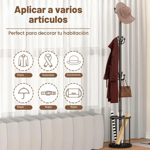Vista 3 de Perchero independiente con soporte para paraguas, perchero con 12 ganchos para ropa, bolsos, sombreros, perchero, árbol, perchero, sombrero
