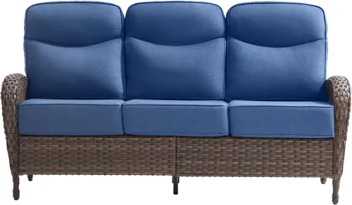 Vista 14 de Sofá de lujo para patio, sofá de mimbre para exteriores con cojines sonrientes de 6 pulgadas, respaldo alto, resistente, cómodo, mimbre marrón