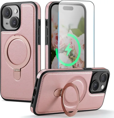 Vista 12 de Funda para iPhone 13 con soporte compatible con Magsafe, color negro Magnetic Kickstand, with Tempered Glass Screen Protector, Durable PU Leather
