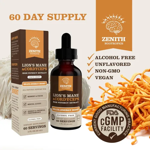Vista 3 de Suplemento de melena de león y cordyceps - Apoyo cerebral y energético - Enfoque, memoria, claridad, inmunidad - Tintura vegana sin alcohol