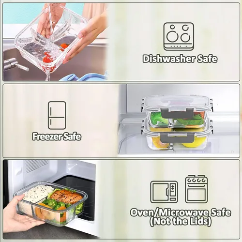 Vista 4 de M MCIRCO [Paquete de 5, 36 onzas] Recipientes de vidrio para preparación de comidas, 3 compartimentos con tapas, recipientes de almuerzo de vidrio