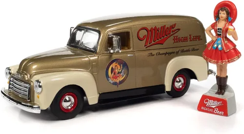 Vista 3 de Auto World 1951 GMC Delivery Truck Miller High Life con resina Miller Girl Figura 1:25 a escala fundida a presión