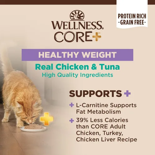 Vista 2 de Wellness CORE+ Alimento húmedo en paté de peso saludable para gatos adultos, natural, rico en proteínas, sin granos, 2.8 onzas, paquete de 12