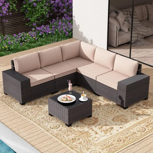 Vista 29 de Gotland Juego de muebles de patio de 6 piezas con 1 mesa auxiliar, 5 plazas de ratán seccional para exteriores con reposabrazos anchos de 29.5 Gris