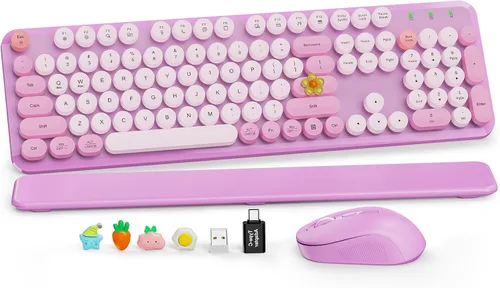 Vista 30 de Combo de teclado y mouse inalámbricos, teclado retro con teclas redondas, teclado estilo máquina de escribir de tamaño completo con reposamuñecas
