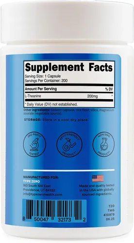 Vista 6 de Type Zero L-teanina (200 mg) 200 cápsulas - Suplemento limpio de L-teanina, ceto, sin OMG