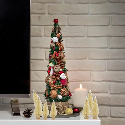 Vista 4 de 24 piezas de árboles de cepillo para botellas, decoración de Navidad, mini árbol de Navidad blanco con base de madera, árbol de pino de sisal