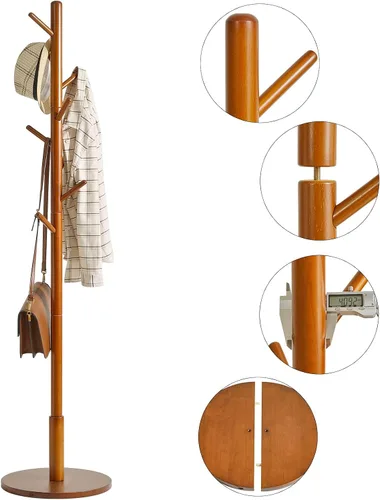 Vista 6 de IBUYKE Perchero independiente con base redonda sólida y 8 ganchos, perchero de madera de fácil montaje, perchero para pasillo, entrada, sala