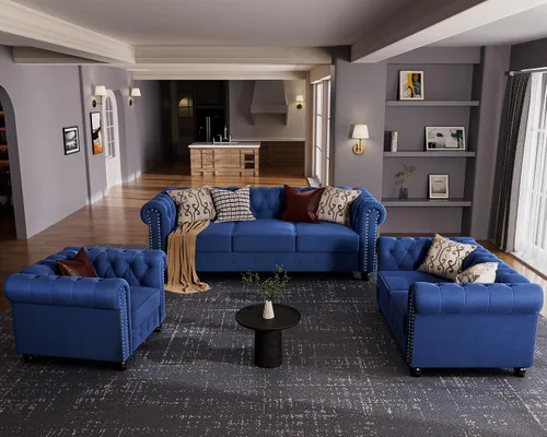 Vista 29 de Morden Fort - Juego de sillas y sofá Chesterfield clásico, con reposabrazos acolchados y patas de madera maciza, sofá cama para mascotas, cómodo