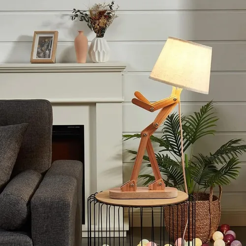 Vista 6 de Bonita lámpara de escritorio, creativa, con brazo oscilante, de madera, para hombre, pantalla redonda, luz de noche, divertida lámpara de niños