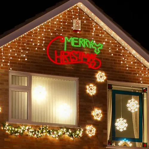 Vista 2 de LAMPHOME 630 LED grandes de 49 x 26 pulgadas, con motivo de neón de Feliz Navidad, superbrillante, verde y rojo, decoración de Navidad al aire libre