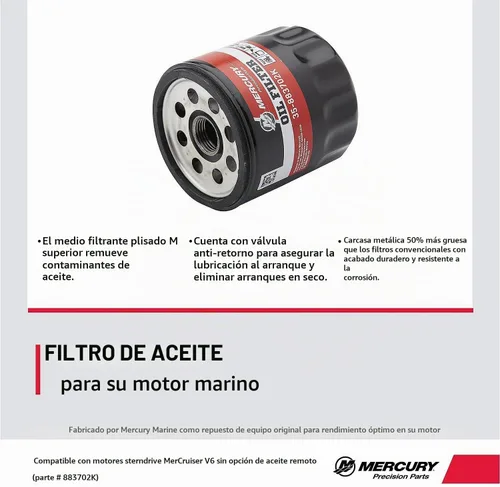 Vista 4 de Mercury 883702K Filtro de aceite para motores MerCruiser V6 con filtro de aceite montado en el bloque del motor