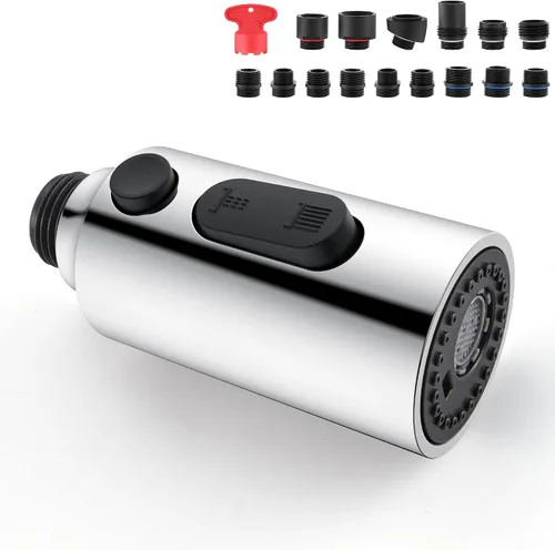 Vista 10 de Cabezal rociador desplegable para fregadero de cocina, repuesto con 15 adaptadores, boquilla rociadora de grifo extraíble de 3 funciones, oro Oro