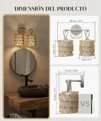 Vista 5 de N12-3 Aplique de pared de ratán bohemio de dos luces, accesorios de tocador para espejo, pantalla tejida en cruz y lámpara de pared cableada