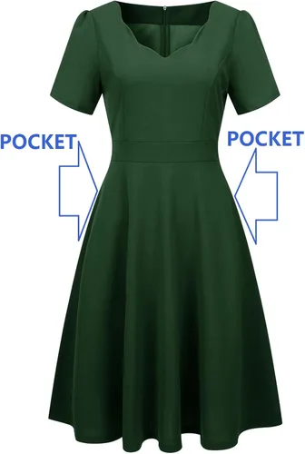 Vista 5 de Elegante vestido vintage de los años 50 con cuello en V y ribete festoneado para mujer, vestido de trabajo casual acampanado con bolsillos 755