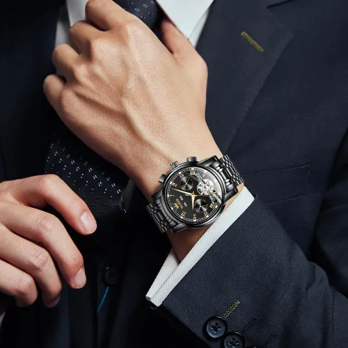 Vista 4 de OLEVS Relojes automáticos para hombre, reloj mecánico automático de vestir Tourbillon de acero inoxidable con doble calendario, impermeable