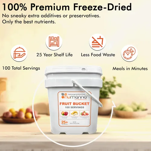Vista 3 de Numanna Cubo de frutas liofilizadas – 100 porciones, 2 libras Manzanas, plátanos y fresas Snack saludable para uso diario, comidas de emergencia