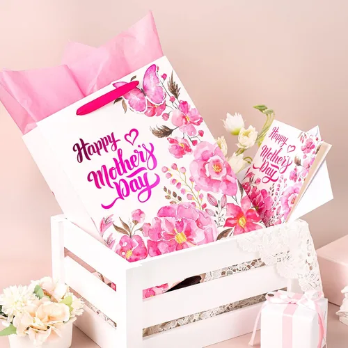 Vista 3 de LeZakaa Bolsa de regalo para el día de la madre, letras del día de la madre, diseño floral rosa, mariposa y papel de aluminio rosa, bolsa de regalo