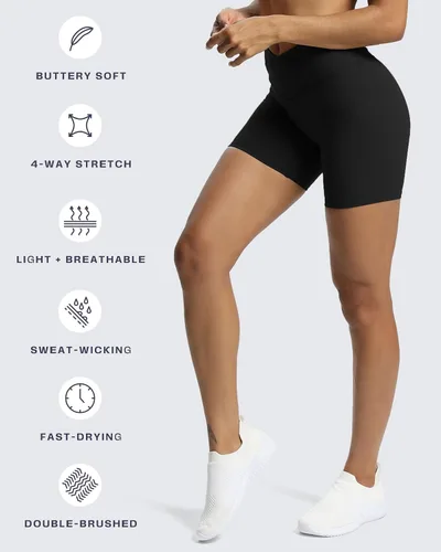 Vista 6 de Aoxjox Trinity Pantalones cortos de ciclismo para mujer, control de abdomen, cintura alta, para ejercicio, correr, yoga, de 6 pulgadas