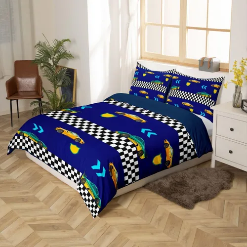 Vista 2 de Feelyou Race Car Duvet Cover Twin Size Boys Girls Speed Sports Car Bedding Set Breathable Soft Racing Comforter Cover 2Pcs Black White Checked Azure