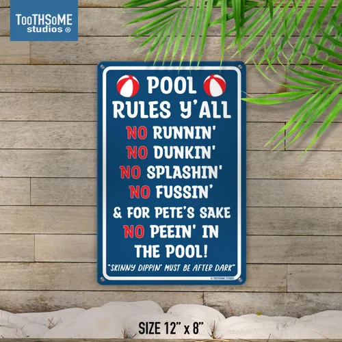 Vista 3 de Pool Rules Y'all Letrero de aluminio para piscina de 12 x 8 pulgadas, decoración de piscina al aire libre estilo sureño