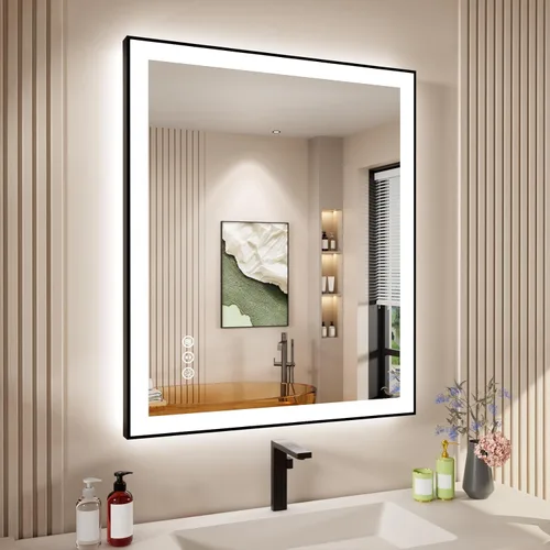 Vista 58 de Espejo de baño LED de 24x28 pulgadas con marco negro, espejos de baño retroiluminados y con luz frontal para pared, antiempañamiento, regulable