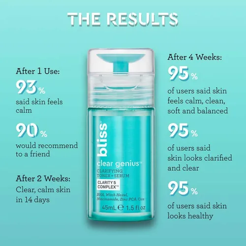 Vista 3 de Bliss Clear Genius Tónico + Suero Clarificante - 127 ml - Purifica los poros, tonifica, calma y aclara la piel - Ácido salicílico, Niacinamida