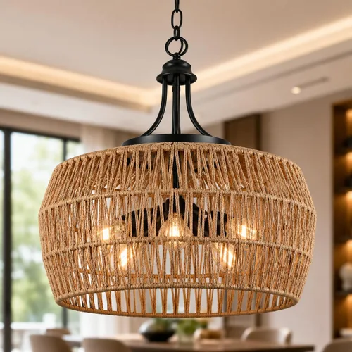 Vista 9 de Lámpara de araña bohemia de granja de 12.6 pulgadas para comedor, lámpara de ratán de 3 luces con pantalla tejida, iluminación colgante costera