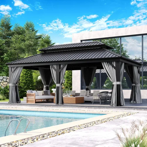 Vista 12 de Aoxun Gazebo de madera de cedro de 10' x 10' con techo de acero galvanizado