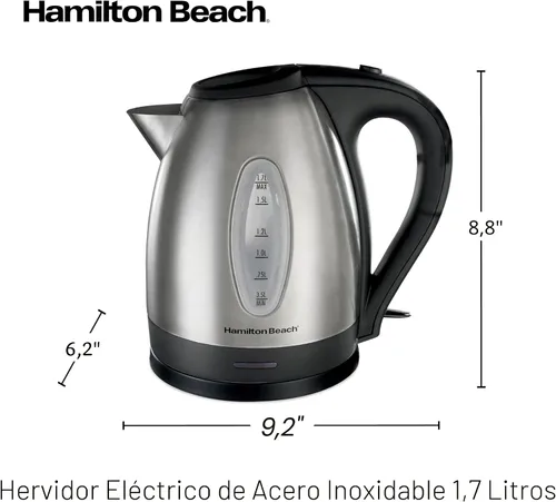 Vista 8 de Hervidor eléctrico de acero inoxidable 40885 de Hamilton Beach, 0.45 galones, rojo., Plateado Fast Boiling 1500 Watts BPA Free Cordless