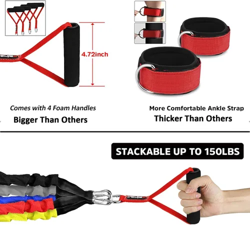 Vista 4 de Bandas de resistencia, juego de 15 bandas elásticas para ejercicio, tubos de resistencia de 20 libras a 40 libras con mangas protectoras de nailon