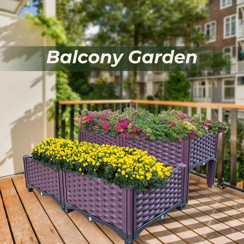 Vista 7 de Cama de jardín elevada de plástico de 4 piezas, cajas de cultivo, kit de caja de cuidado para plantas de interior y exterior, cajas de jardín