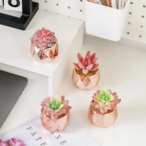 Vista 9 de Tiita Paquete de 4 Suculentas Artificiales Falsas en Macetas, Mini Plantas Falsas de Oro Rosa para Escritorio de Mujer, Pequeñas Suculentas Falsas