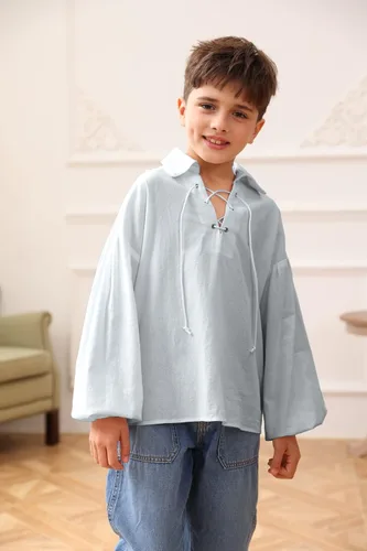 Vista 3 de Camisa medieval de pirata para niños vikinga, renacentista, con cordones, mercenario, Halloween, jacobita escocés, Ghillie, tops