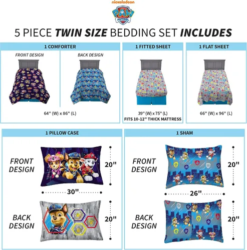 Vista 4 de Franco Juego de edredón y sábanas súper suaves para niños, 5 piezas, tamaño individual, película de Paw Patrol y ropa de cama para niños, manta