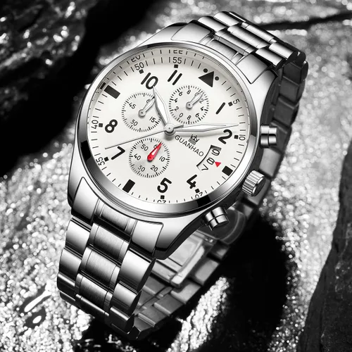 Vista 5 de GUANHAO Silver Watches for Men, Fashion Stainless Steel Watch Waterproof Chronograph Calendar Multifunction Casual Quartz Watches with BlackWhite