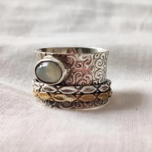 Vista 4 de Natural Opal Spinner Band, October Birthstone, Meditation Ring, 925 Sterling Silver Ring, Spinning Ring, Two Tone Ring, Fidget Ring, Handmade