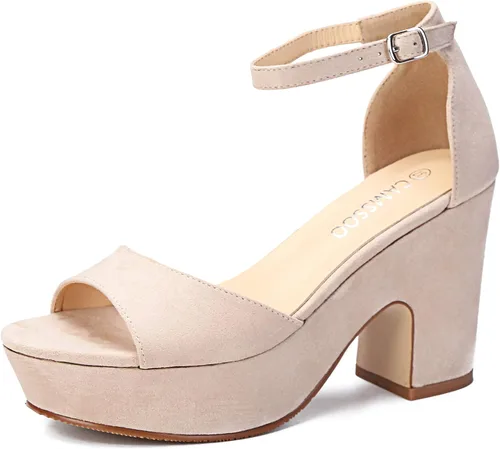 Vista 8 de CAMSSOO Sandalias de plataforma para mujer, de gamuza, con puntera abierta, correa al tobillo, a la moda, sexy, para boda, con bloques de tacón