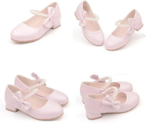 Vista 2 de TangDao Zapatos de vestir para niñas, zapatos Mary Jane, zapatos de princesa con lazo, zapatos de tacón para bodas, fiestas, bailes, zapatos planos