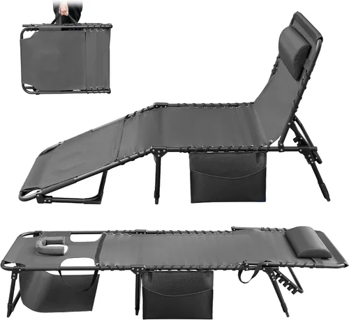 Vista 8 de Greesum Chaise Lounge Silla de bronceado plegable con respaldo ajustable de 5 posiciones, almohada desmontable y bolsillo exterior para piscina Negro