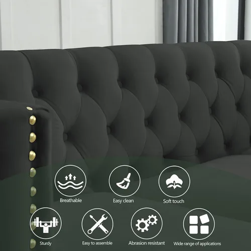 Vista 5 de Modern 3 Seater Couch Black Velvet Sofa Upholstered Button Tufted Nailhead Trim, Square Arm Loveseat Sofa, Sturdy Golden Metal Legs, 80.5'' Couch