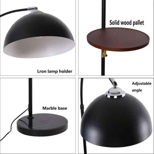 Vista 9 de Lámpara de pie industrial con mesa de madera, moderna lámpara de pie de arco negro para sala de estar, lámpara de poste de pie con base de mármol