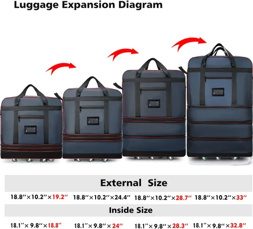 Vista 5 de ELDA Maleta plegable expandible con ruedas universales, bolsa de viaje rodante, bolsa de lona para hombres y mujeres, equipaje ligero de gran
