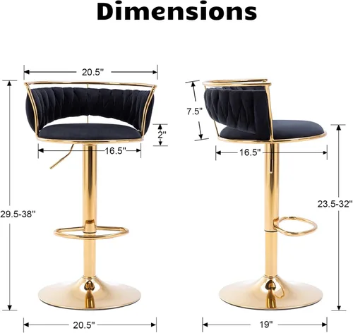 Vista 2 de HEAH-YO Juego de 2 taburetes de bar tejidos, taburetes de bar ajustables con respaldo y base dorada maciza, taburetes de cocina giratorios de Negro