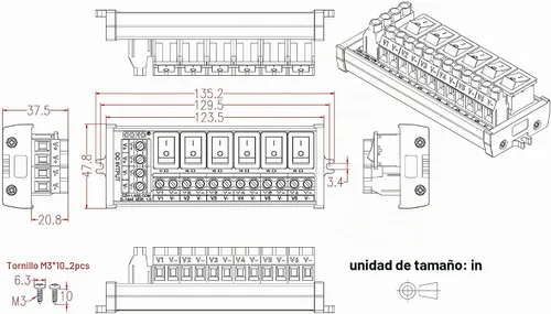Vista 6 de Módulo de tira de distribución de energía de CC del interruptor basculante de 6 canales de montaje de tornillo