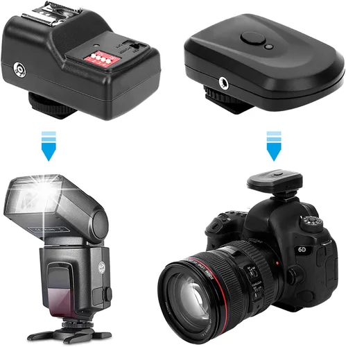 Vista 2 de Juego de disparadores de flash, 433 MHZ 16 canales Speedlite Studio Shutter Release Transceptor Kit con 1 transmisor 3 receptores 1 cable