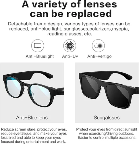 Vista 8 de Gafas inteligentes SKCT, lentes de sol de audio Bluetooth, llamadas manos libres, audio al aire libre, encendido y apagado automático, lentes